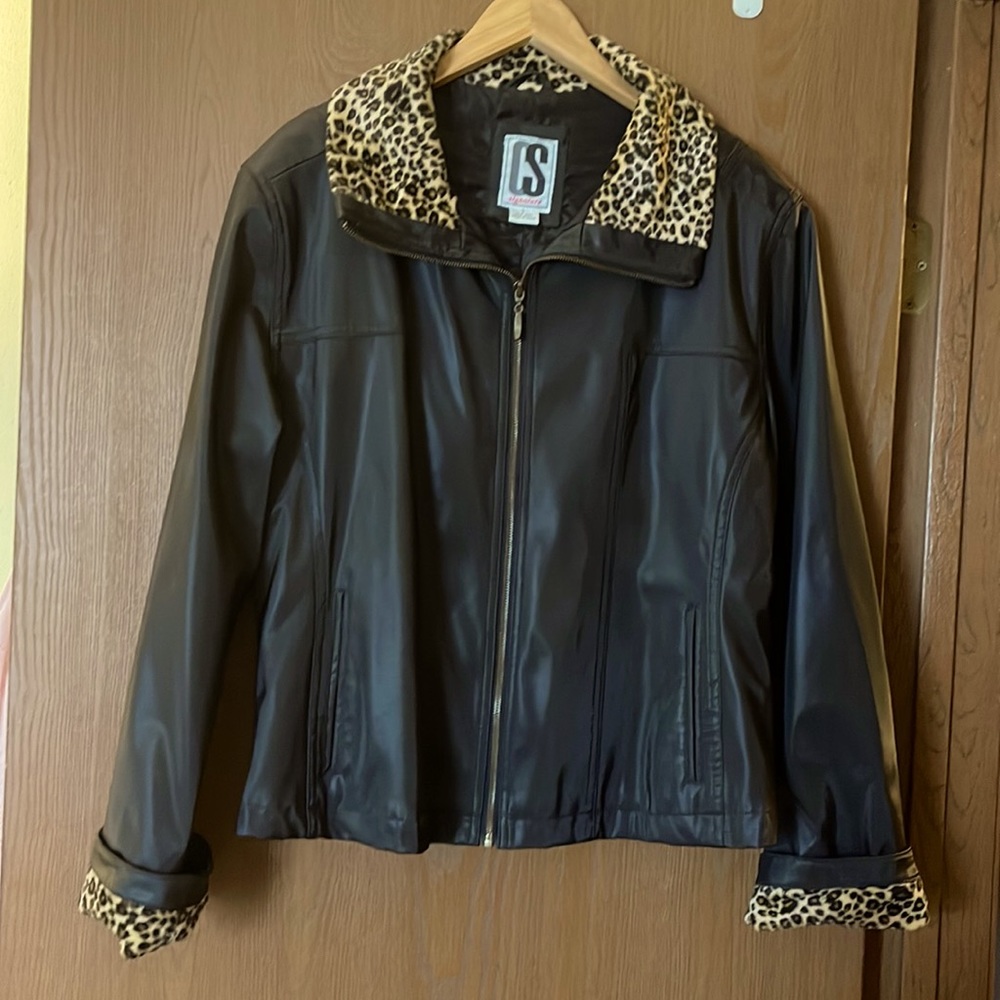 CS Signature black poly vinyl zip up jacket w/leopard fabric collar & cuff trim